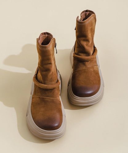 Handmade Khaki Cowhide Leather Splicing Platform Boots