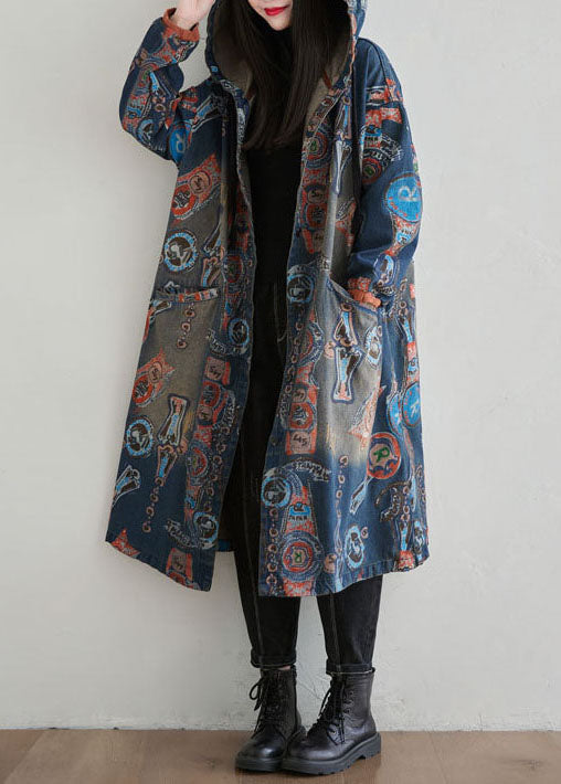 Navy Hooded Patchwork Print Denim Cardigan Spring