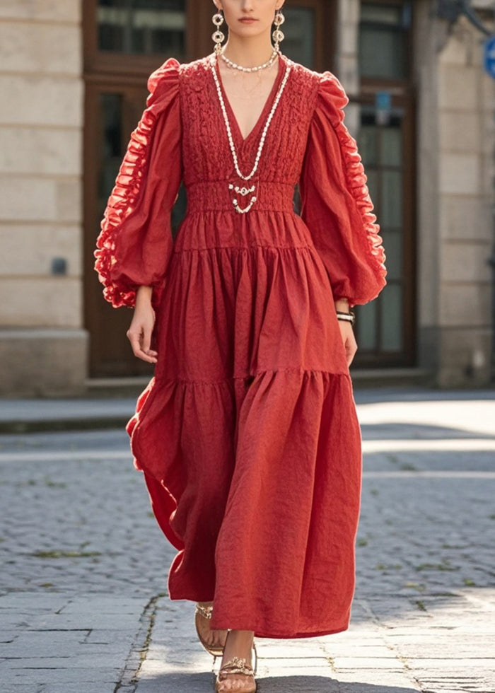 Red Cinched Wrinkled Cotton Holiday Dress Fall