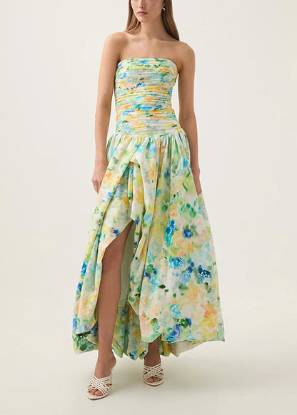 Rose Print Front Open Cotton Long Dresses Sleeveless