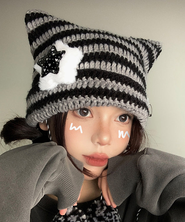 Striped Knitted Cat Ear Boonie Hat Autumn and Winter