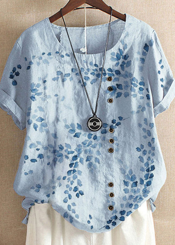Yellow O-neck Embroidered Linen Tops Short Sleeve