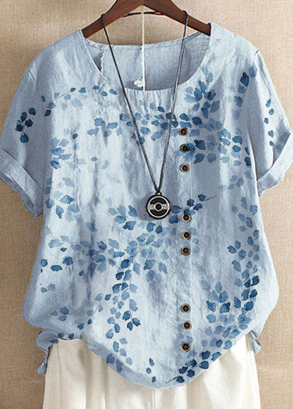 Yellow O-neck Embroidered Linen Tops Short Sleeve