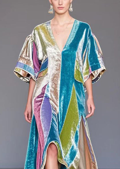 Colorblock Asymmetrical Side Open Silk Velvet Long Dress Fall