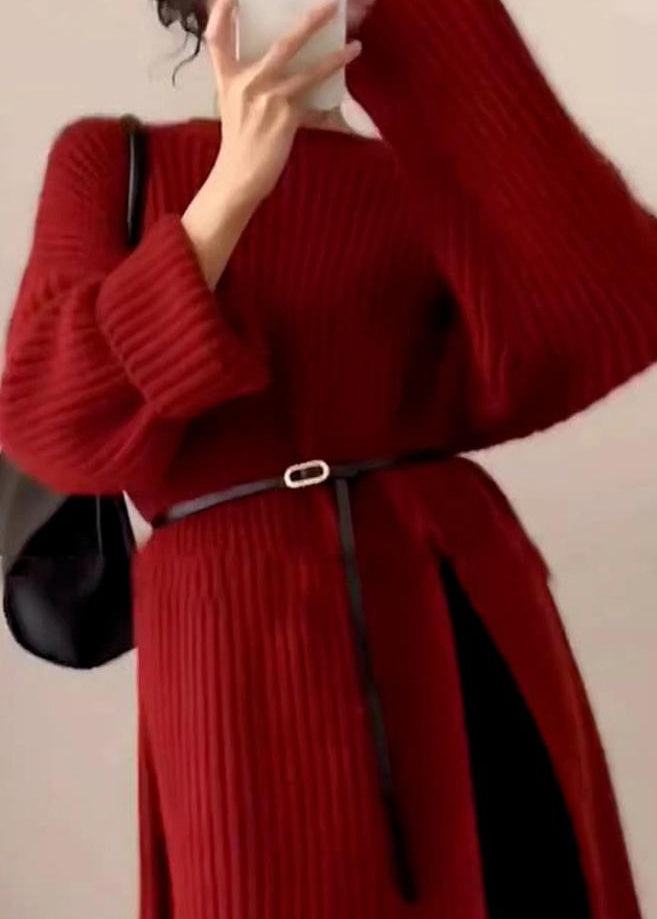 Red O Neck Side Open Knit Long Sweater Winter