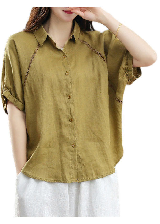 Green Peter Pan Collar Patchwork Button Linen Blouse Tops Short Sleeve