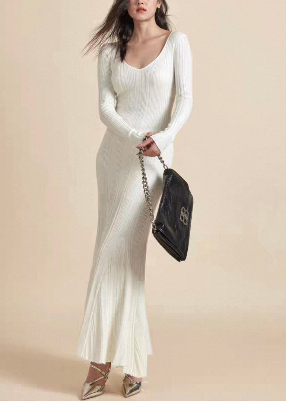 Slim Fit White V Neck Knit Long Dress Fall