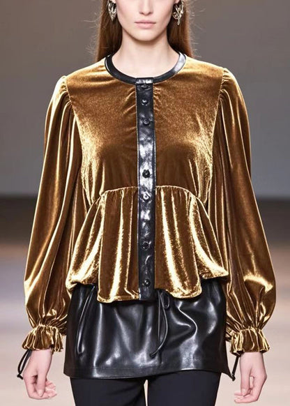 Golden O-neck Patchwork Silk Velour Tops Fall