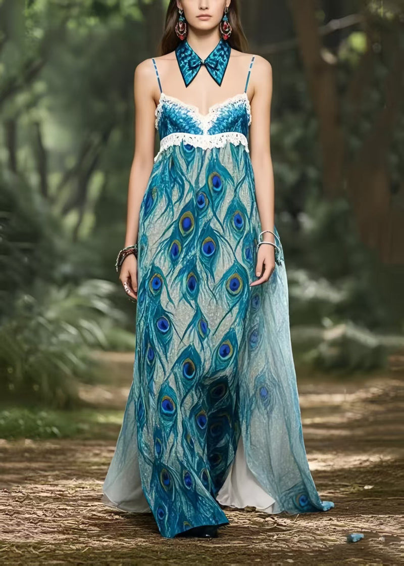 Peacock Blue Print Chiffon Strapless Dress Summer