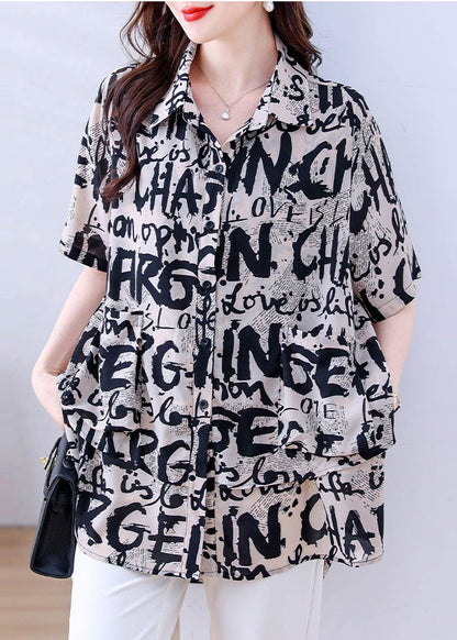 Khaki Oversized Letter Print Chiffon Shirt Tops Summer