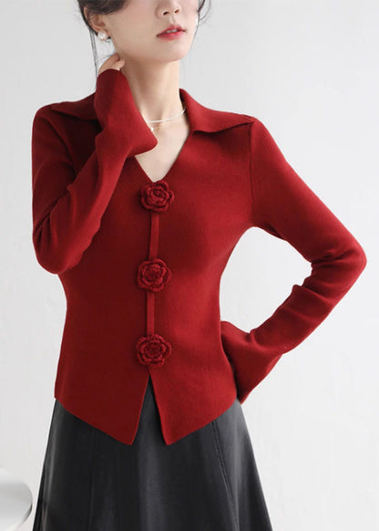 Style Red V Neck Slim Fit Knit Sweater Spring