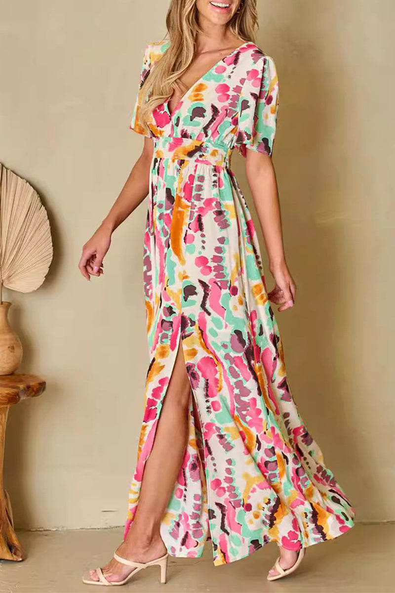 Print Color Block Backless Contrast V Neck a Line Dresses