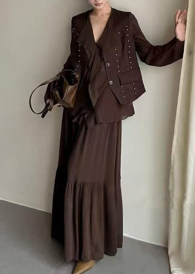 Autumn New Coffee Ruffled Top Skirt Rivet Vest Three Piece Set