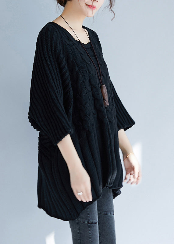 Loose Black O-neck Low High Design Cozy Cotton Knit Sweater Tops Batwing Sleeve