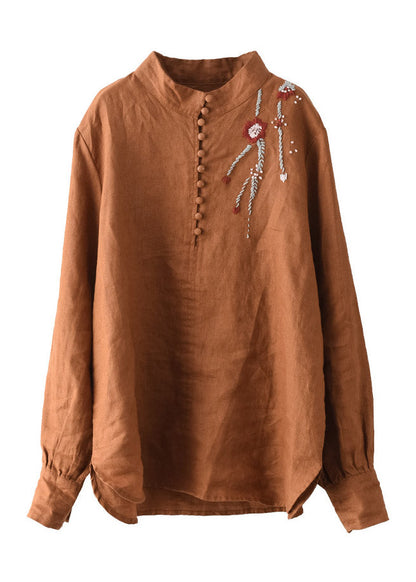 Navy Stand Collar Embroidered Button Linen Shirts Long Sleeve