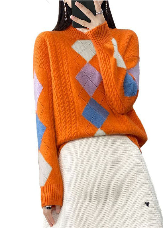Orange High Neck Print Chunky Knit Sweater Tops Winter