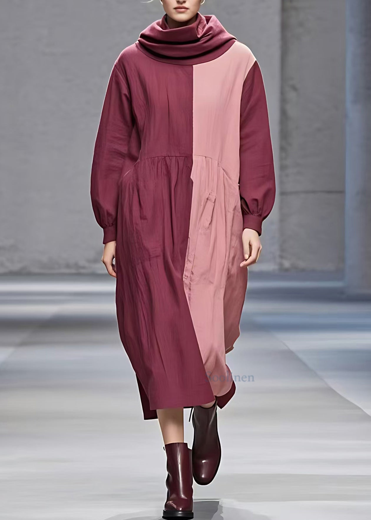 Red Patchwork Wrinkled Maxi Dress Long Sleeve