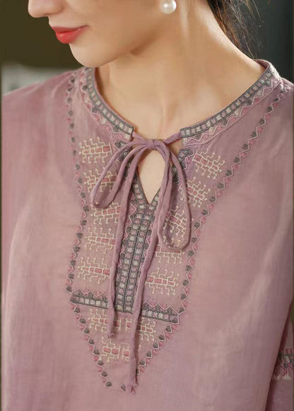 Purple Embroidered Linen Shirt Top Summer