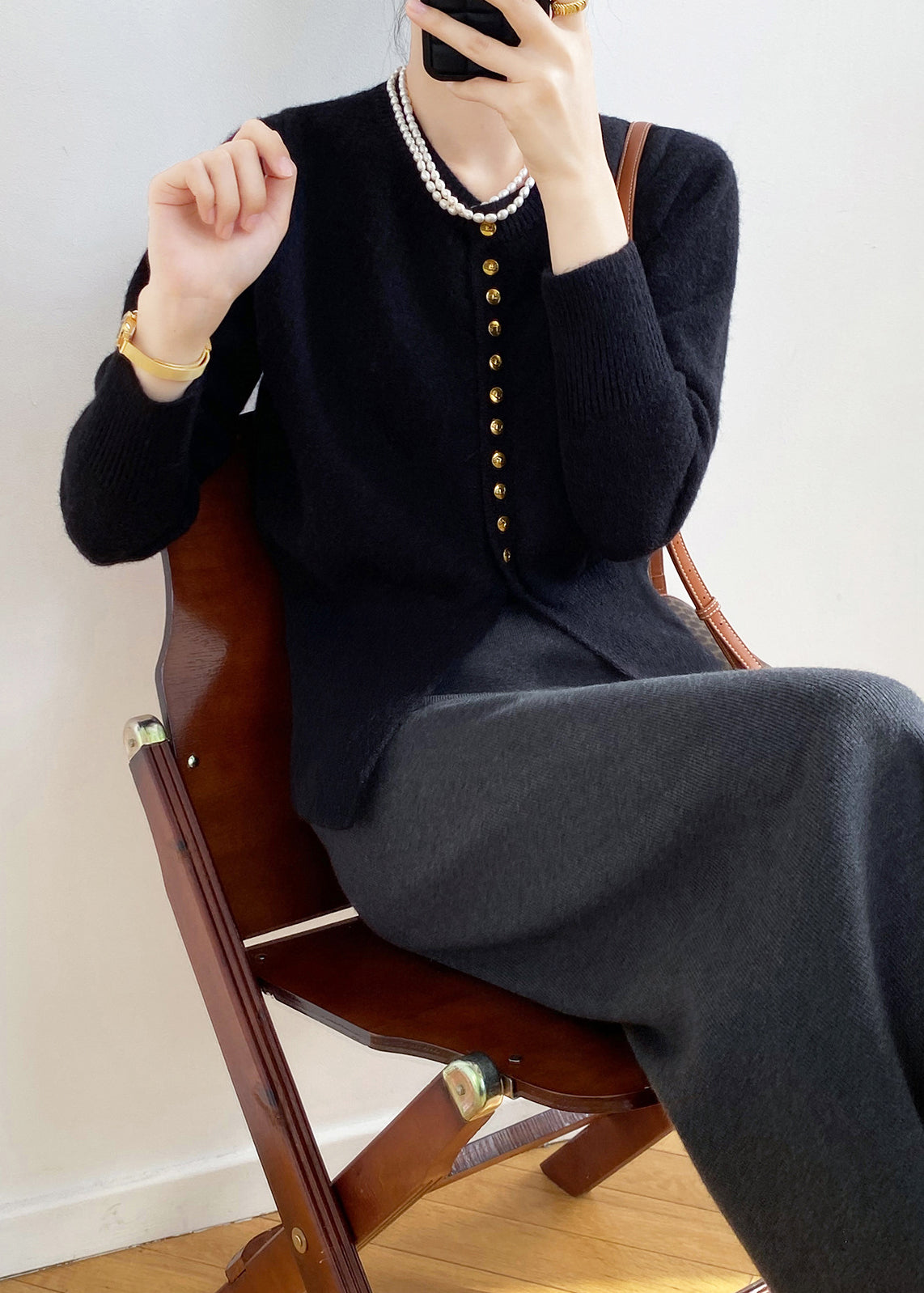 Black O Neck Button Fitted Knit Cardigan Fall