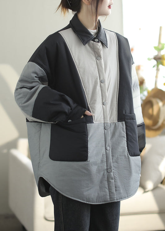 Blue Peter Pan Collar Pockets Patchwork Fine Cotton Filled Coats Spring