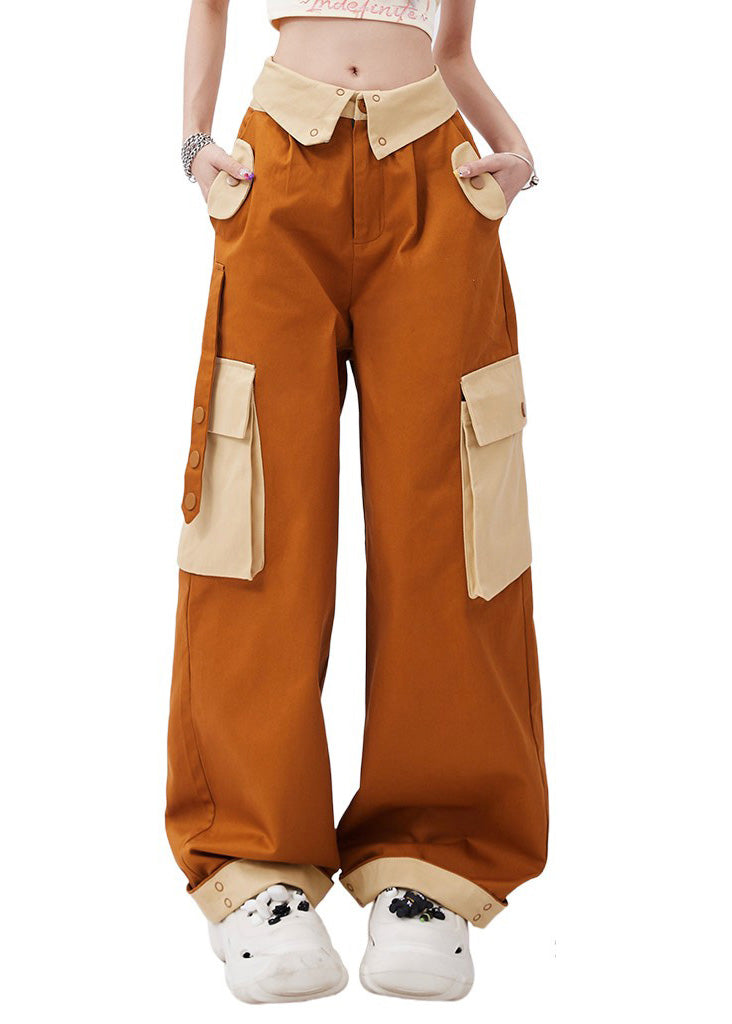 Brown Patchwork Pockets Cotton Pants Trousers Spring