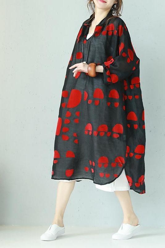 Loose Summer Red Dot Black Chiffon Long Dresses Outfits