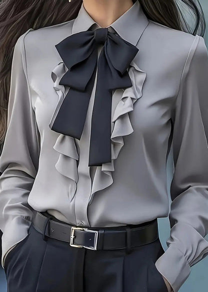 Stylish White Bow Ruffled Chiffon Shirts Top Spring