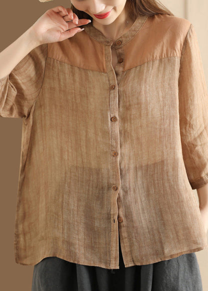 Coffee Stand Collar Button Patchwork Linen Shirts Summer