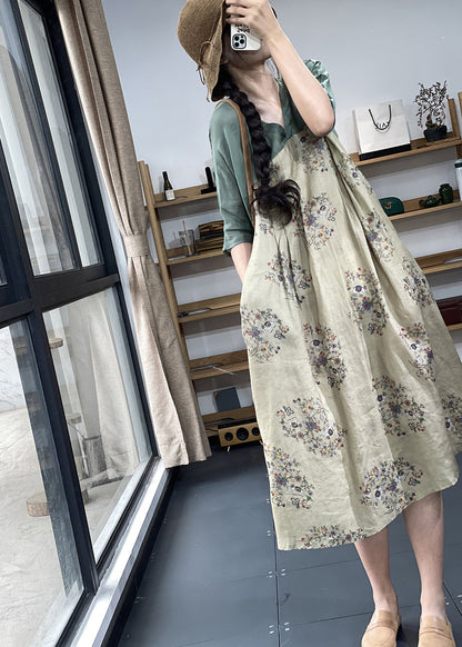 Apricot V Neck Print Patchwork Ramie Linen Dresses Summer