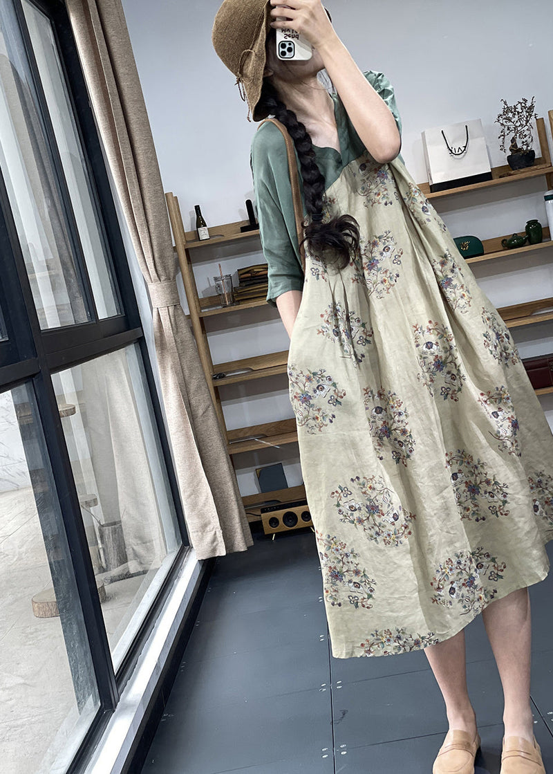 Apricot V Neck Print Patchwork Ramie Linen Dresses Summer