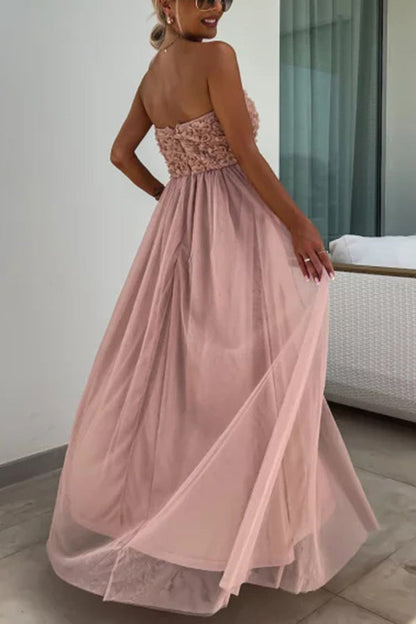 Romance and Lightness Tulle Texture Pleated Patchwork Strapless Slit Maxi Dress