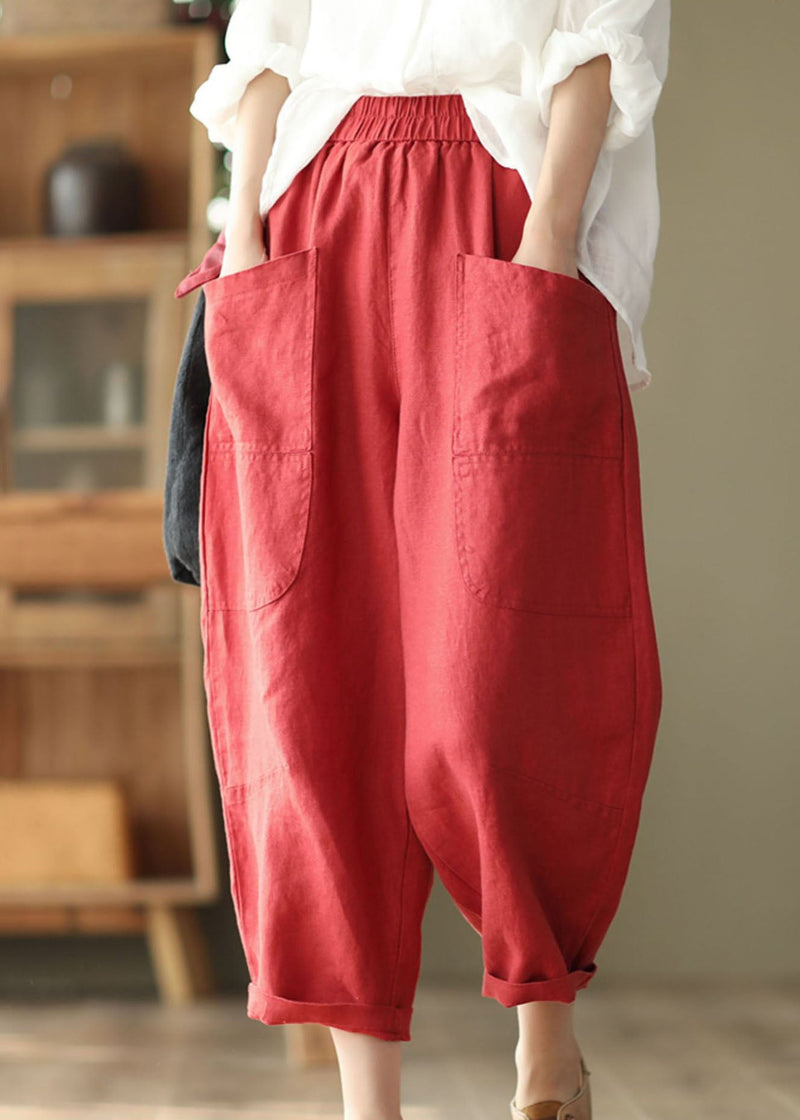 Yellow Elastic Waist Pockets Linen Harem Pants Spring