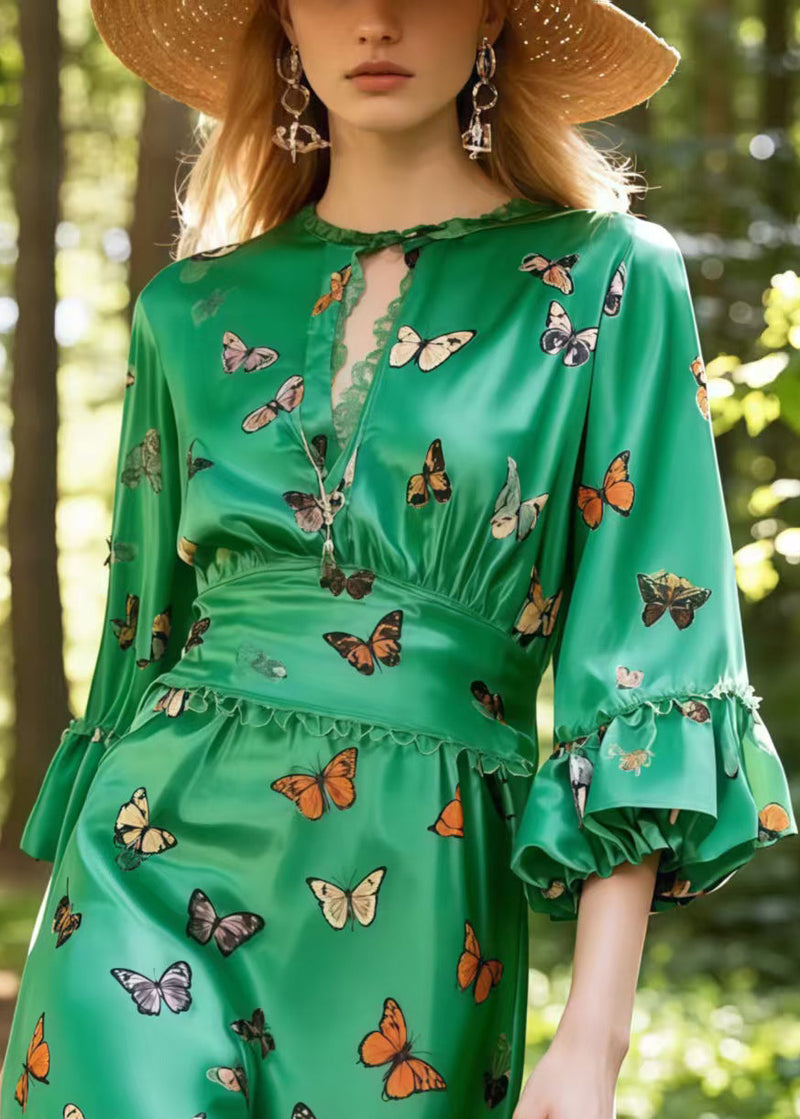 Tea Green Butterfly Silk Day Dress Lantern Sleeve