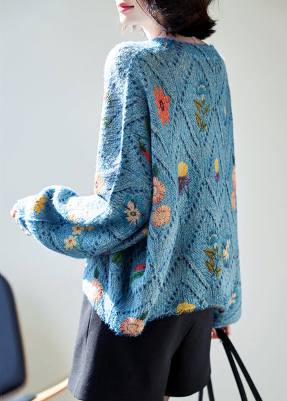 Blue O-neck Hollow Out Knit Sweaters Batwing Sleeve
