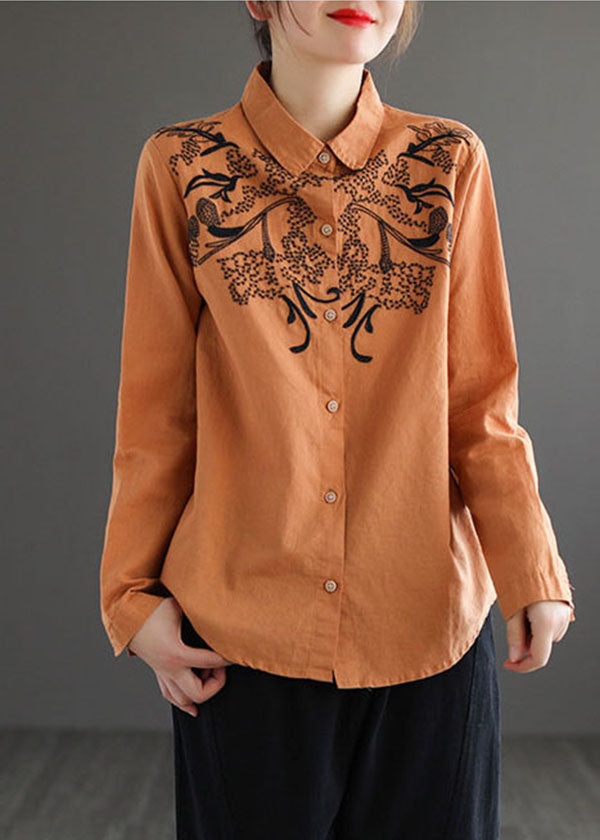 Orange Turn-down Collar Embroidered Cotton Shirt Top Long Sleeve