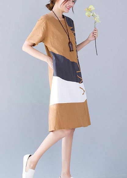 Cotton Linen O Neck Khaki Short Sleeve Dresses Summer