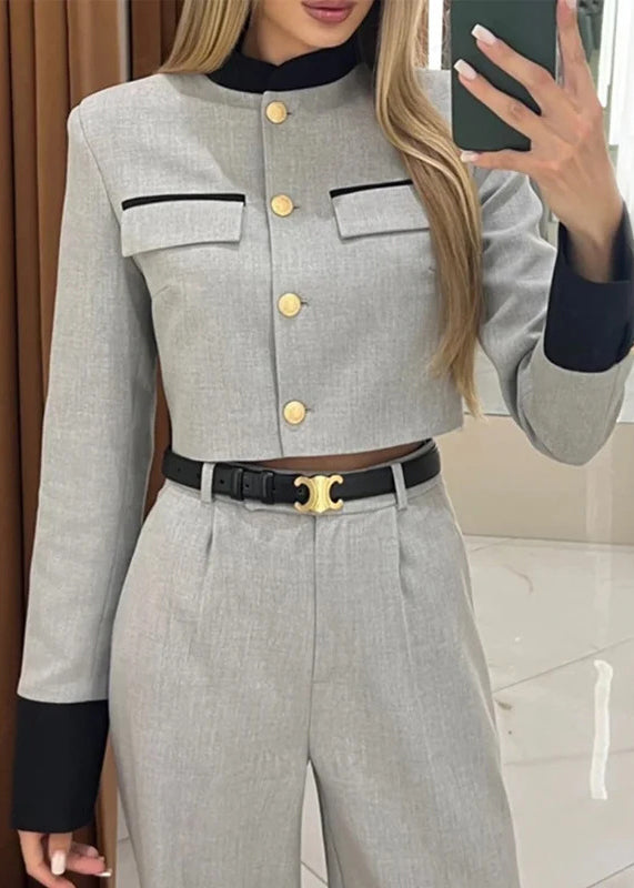 Style Grey Tops and Pants Cotton Two Pieces Set Fall