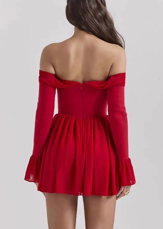 Red Bustier Top Chiffon Mini Strapless Dress Summer