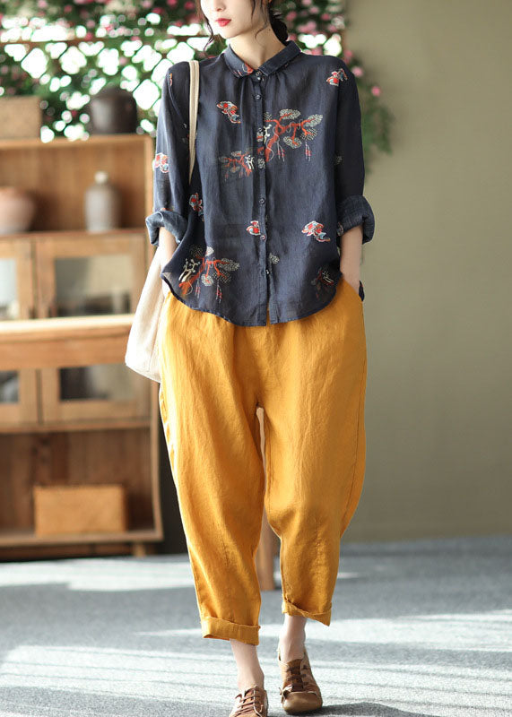 Black Peter Pan Collar Button Print Linen Shirt Tops Long Sleeve