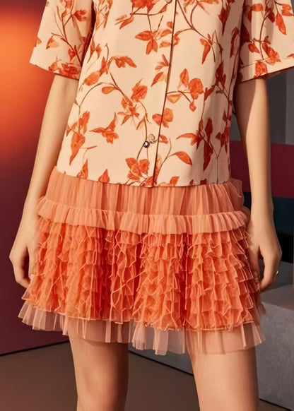 Orange Print Patchwork Ruffled Chiffon Mini Dresses Summer