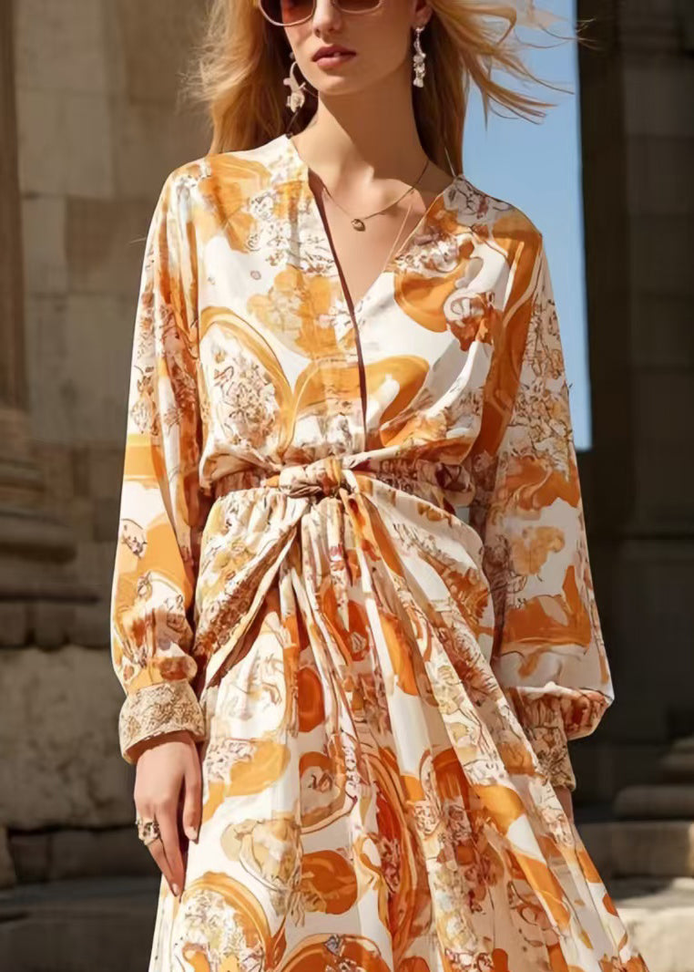 Orange Cinched Print Chiffon Shirt Dress Spring