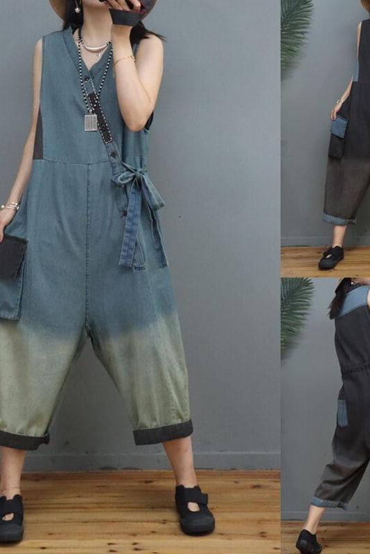 Denim Color Patchwork Patchwork Cinched Sleeveless Jumpsuits Dungarees