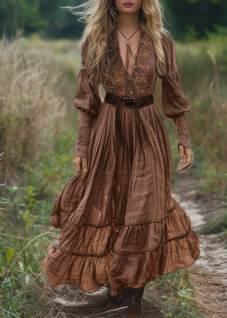 Black V Neck Print Wrinkled Cotton Long Dress Fall
