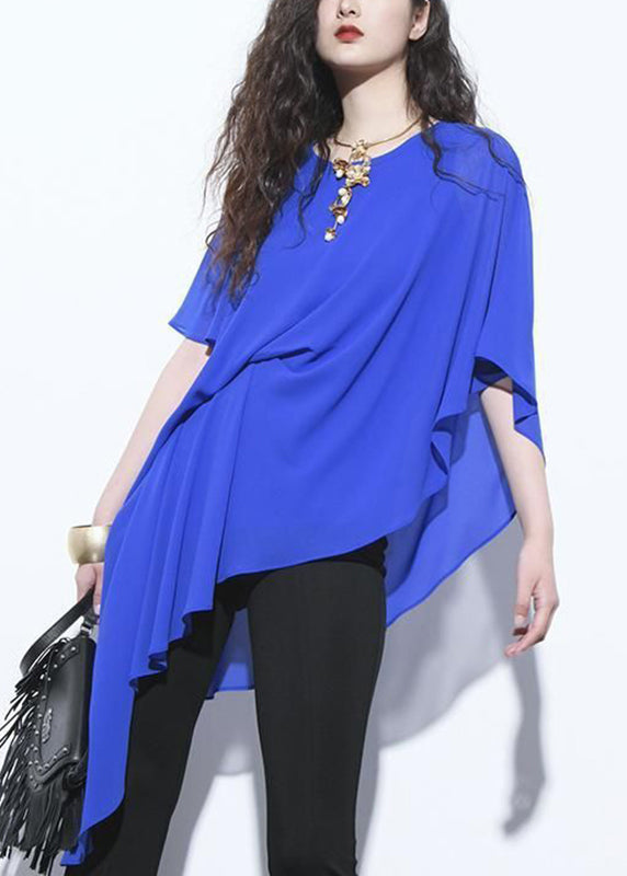 Royal Blue Asymmetrical Chiffon Shirt Short Sleeve