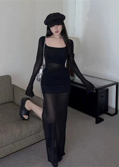 White Hollow Tulle Long Sleeved Dress Set for Summer