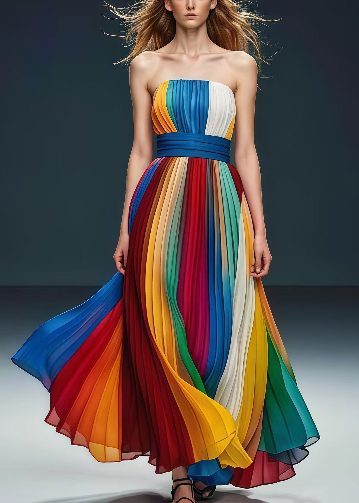 Rainbow Cinched Exra Large Hem Chiffon Strapless Pleated Dress Summer
