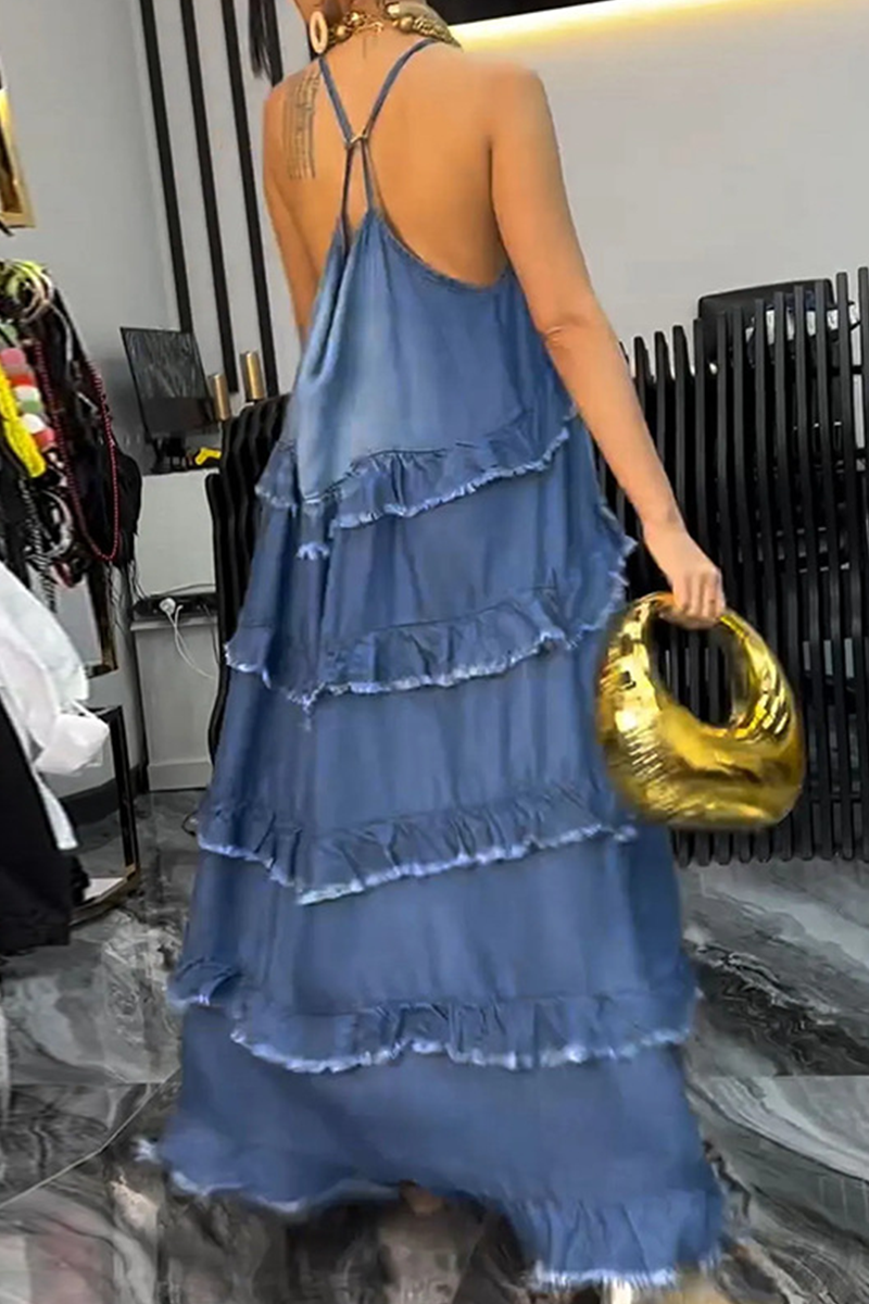 Color Distressed Ruffle V Neck Sleeveless Loose Denim Dresses