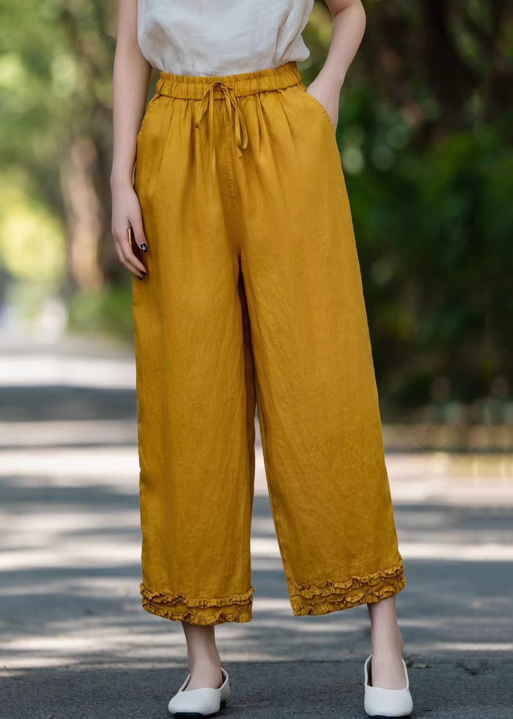 Navy Ruffled Pockets Linen Summer Crop Pants Elastic Waist