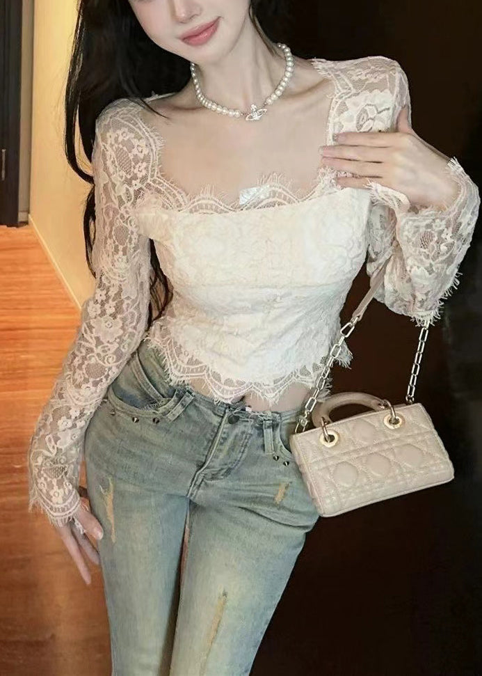 White Square Collar Silm Fit Lace Tops Spring