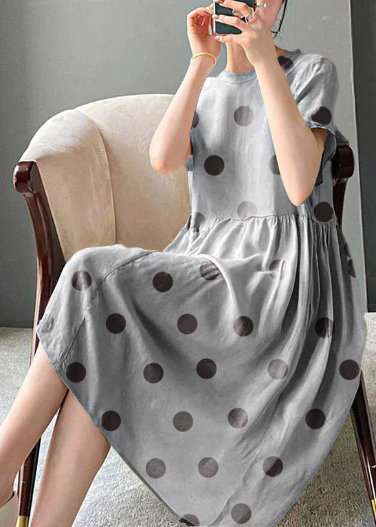 Brief Beige O-neck Patchwork Linen Dress Short Sleeve